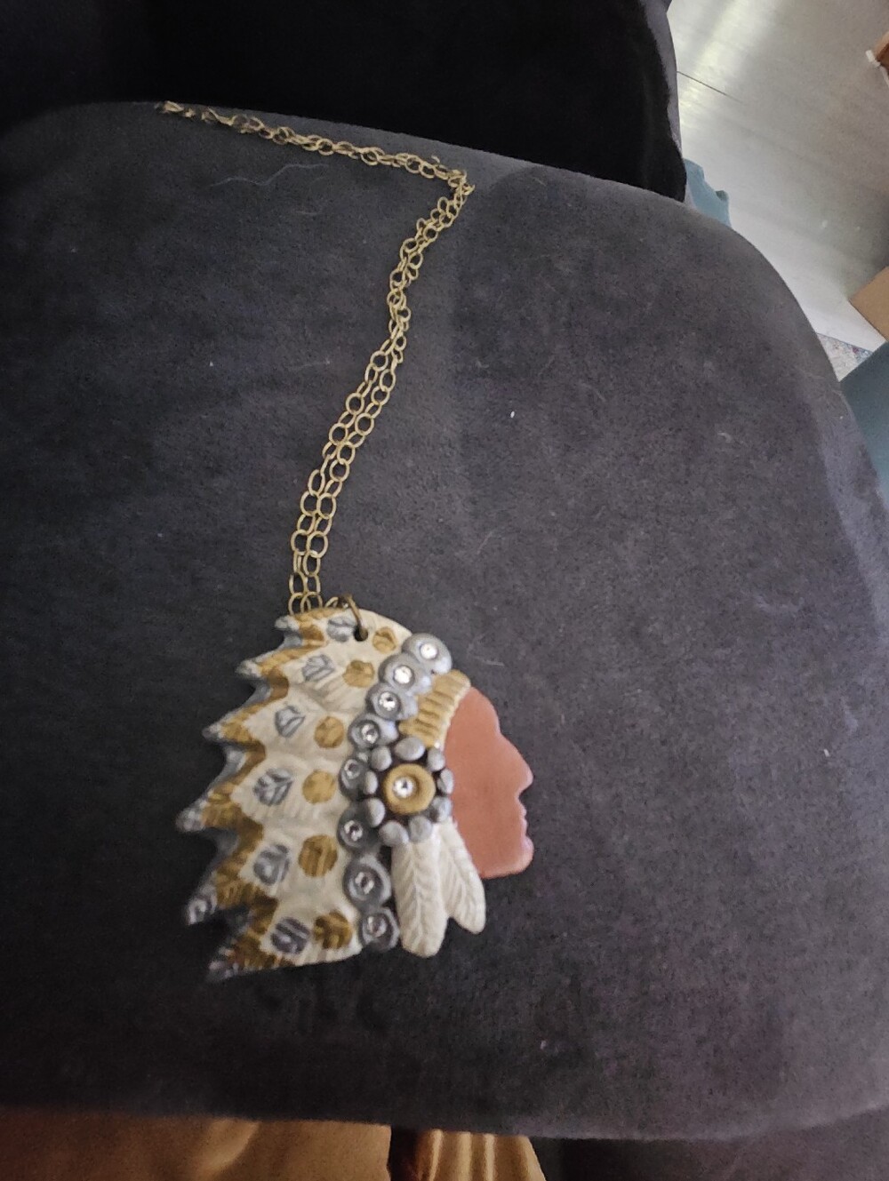 Sookie Sookie Signed Clay Big Chief Statement Pendant Necklace Rhinestone 3x3"